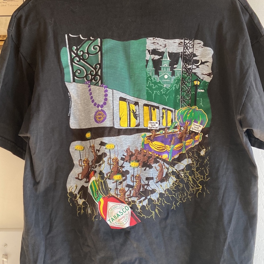 Black Large Unisex T-Shirt by Tabasco “Roaches at Mardi Gras”